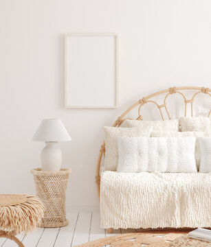 Mock up frame in home interior background, beige room with natural wooden furniture, 3d render