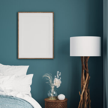 Mockup frame in dark blue bedroom interior background, 3d render