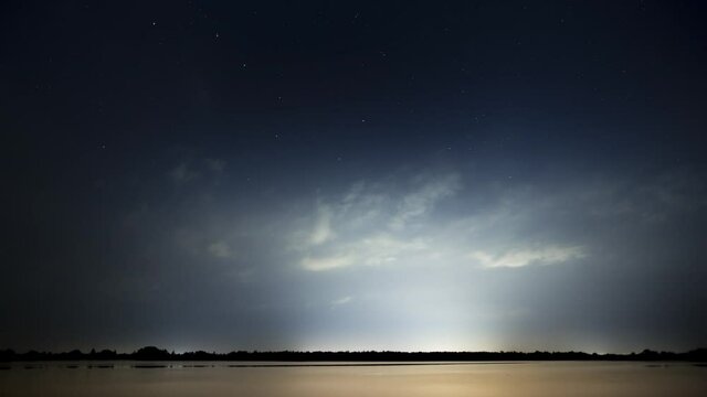 nightscape, night full of stars, Great Waggon and Neowise, comet above the river Lech, Bavaria, Germany