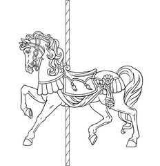 Carousel Horse, Merry go round horse, French carousel. Vector illustration of carousel horse on carnival ride. Coloring book, coloring page