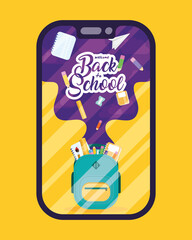 back to school poster with schoolbag and supplies in smartphone