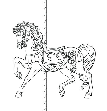 Carousel Horse, Merry go round horse, French carousel. Vector illustration of carousel horse on carnival ride. Coloring book, coloring page