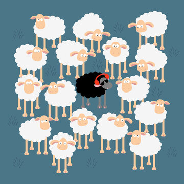 Same but different. A chilling black sheep ,listening music, wearing a red sunglasses In a flock of white sheep. Hand drawn vector illustration on blue background.