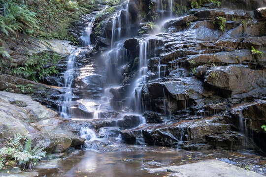 Close Up, Slow Motion Flowing Water Of A Waterfall In The Blue Mountains, Australia
