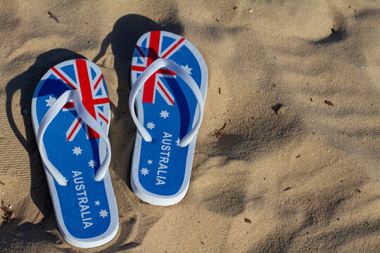 View from above of Australian Flag thongs/ flip flops for Australia Day  Stock Photo | Adobe Stock