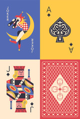 Playing card jack, joker, ace and back of card. flat design style minimal vector illustration.