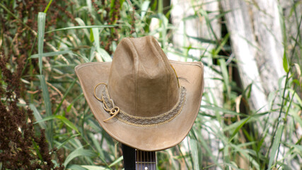 A Cowboy Hat Sitting on a Guitar Neck