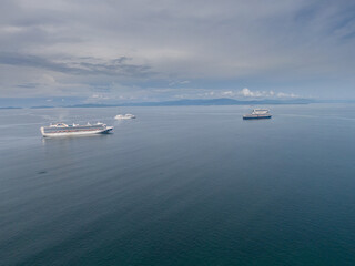 Obraz na płótnie Canvas Beautiful aerial view of an empty Gigantic Cruise ship park in Costa Rica due to quarantine