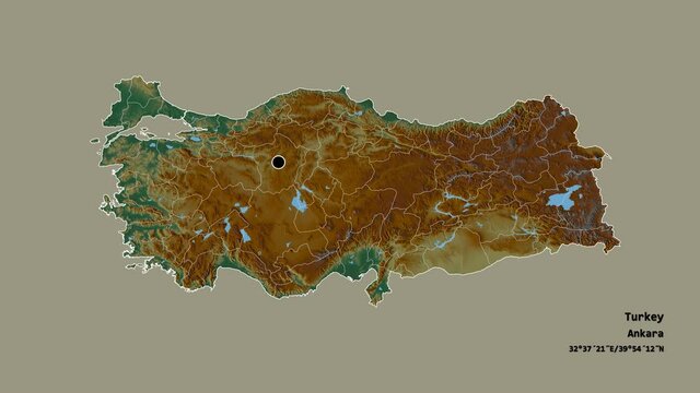 Siirt, province of Turkey, with its capital, localized, outlined and zoomed with informative overlays on a relief map in the Stereographic projection. Animation 3D