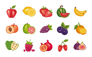 bundle of fresh fruits set icons