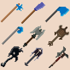 Fototapeta premium A set of nine pixel axes. Image for icons, games, sites and more.