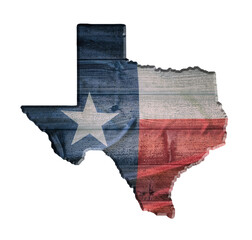 Texas flag wood texture on the state map outline against wooden board background. Vintage effects. Isolated on white. - 366852292