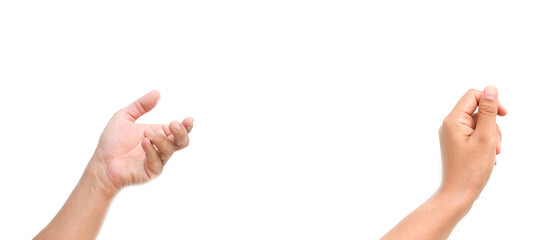 A set of hands holding something such as a bottle or a smartphone on a solitary white background