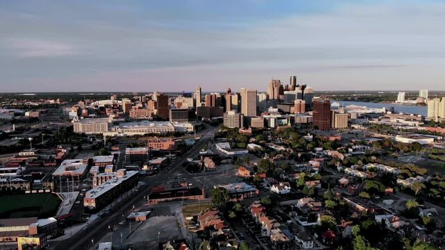 Drone footage approaching downtown Detroit, Michigan at sunset