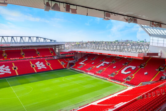 Liverpool, United Kingdom - May 17 2018: Anfield stadium, the home ground of Liverpool FC which has a seating capacity of 54,074 making it the sixth largest football stadium in England