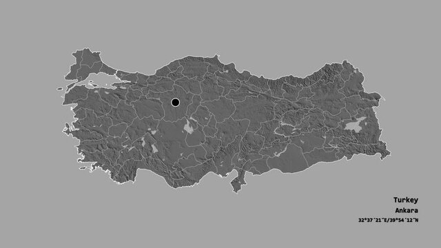 Zonguldak, province of Turkey, with its capital, localized, outlined and zoomed with informative overlays on a bilevel map in the Stereographic projection. Animation 3D
