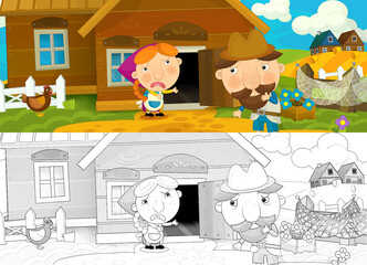 cartoon scene with farmers ranchers near wooden house - illustration
