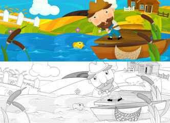 cartoon scene with fisherman at work - illustration