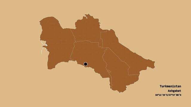 Chardzhou, province of Turkmenistan, with its capital, localized, outlined and zoomed with informative overlays on a solid patterned map in the Stereographic projection. Animation 3D