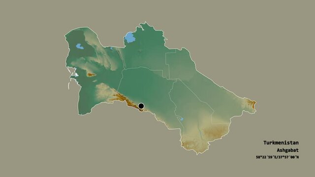 Chardzhou, province of Turkmenistan, with its capital, localized, outlined and zoomed with informative overlays on a relief map in the Stereographic projection. Animation 3D