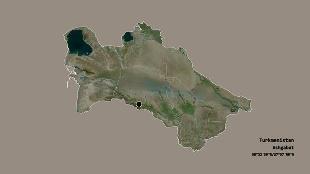 Chardzhou, province of Turkmenistan, with its capital, localized, outlined and zoomed with informative overlays on a satellite map in the Stereographic projection. Animation 3D