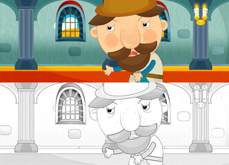 cartoon scene with farmer fisherman in the castle - illustration
