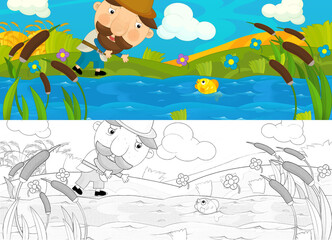 Fototapeta na wymiar cartoon scene with fisherman at work at the shore - illustration