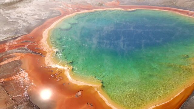 Aerial 4K footage of Grand Prismatic Spring in Yellowstone National Park, Wyoming, USA.