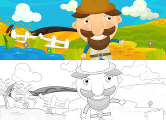 cartoon scene with fisherman at work at the shore - illustration