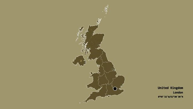 Northern Ireland, region of United Kingdom, with its capital, localized, outlined and zoomed with informative overlays on a administrative map in the Stereographic projection. Animation 3D