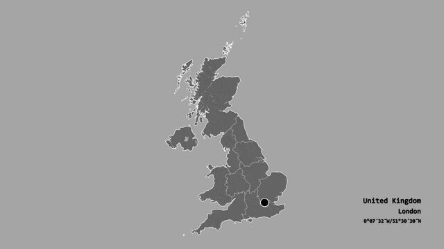 Northern Ireland, region of United Kingdom, with its capital, localized, outlined and zoomed with informative overlays on a bilevel map in the Stereographic projection. Animation 3D