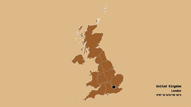 Northern Ireland, region of United Kingdom, with its capital, localized, outlined and zoomed with informative overlays on a solid patterned map in the Stereographic projection. Animation 3D
