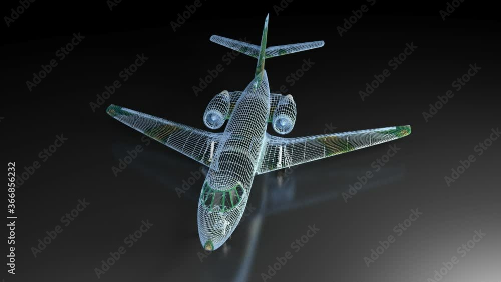 Poster a blue wireframed aircraft project is on a black glossy surface and rotates 360 degrees - 3d renderi