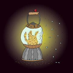 Fiery squirrel in broken glass lamp and red moth of freedom vector illustration.