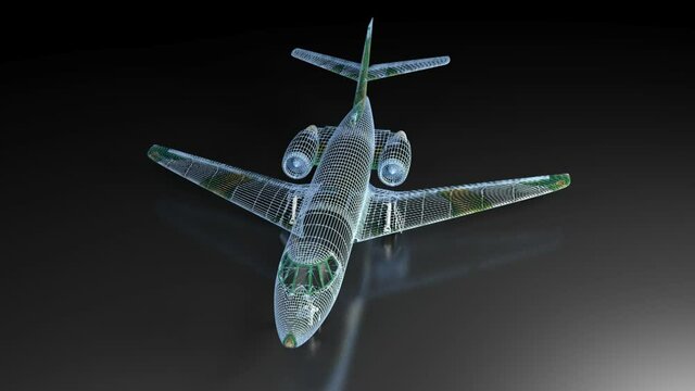 A blue wireframed aircraft project is on a black glossy surface and rotates 360 degrees - 3D rendering animation