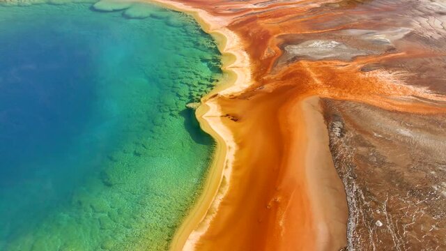 Aerial 4K footage of Grand Prismatic Spring in Yellowstone National Park, Wyoming, USA.