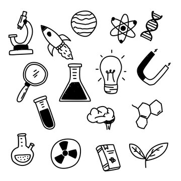 Set of science related vector draw in doodle style isolated on white background