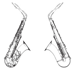 Saxophone Duo Vector. Illustration Isolated On White Background. A Vector Illustration Of Saxophones Background. - obrazy, fototapety, plakaty