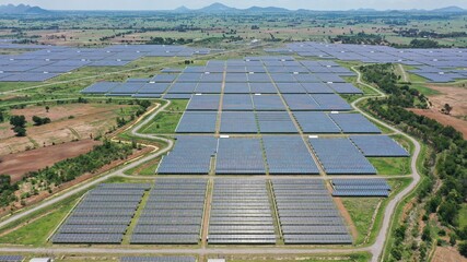 Solar energy farm. Aerial view of a solar farm in Asia.