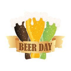 glasses with beer day ribbon vector design
