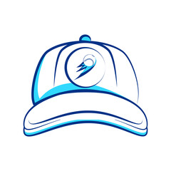 Baseball hat with ball logo on front and blue shadow. Detailed isolated icon