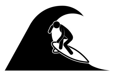 stick figure, surfer on board caught a wave. Sea active rest. Summer vacation time. Isolated vector on white