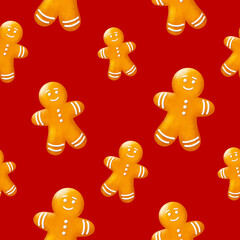 Seamless Pattern of realistic 3D render cute ginger man with texture. Raster illustration on red background.
