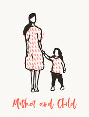 Mother child walking together drawn vector sketch
