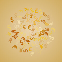 Euro dollar pound yen golden signs flying currency vector illustration. Investment concept. 
