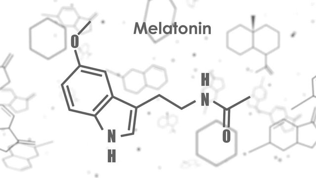 Melatonin hormone chemical molecular formula. In humans, it plays a role in circadian rhythm synchronization. Stylized conventional skeletal formula. Connected lines with dots background