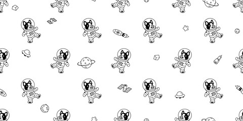 dog seamless pattern french bulldog vector space suit spaceship ufo Galaxy star puppy pet animal scarf isolated tile background repeat wallpaper cartoon illustration doodle design © CNuisin