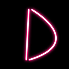 English alphabet letter D linear neon laser shape on black background.