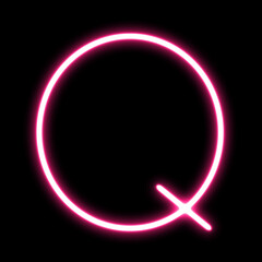 English alphabet letter Q linear neon laser shape on black background.