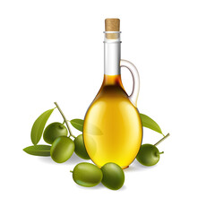 Leaf of green olives. Realistic bottle of olive oil branch. Vector illustration.